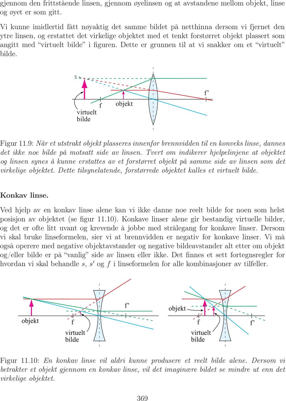 bilde i figuren. Dette er grunnen til at vi snakker om et virtuelt bilde. virtuelt bilde f objekt f Figur 11.