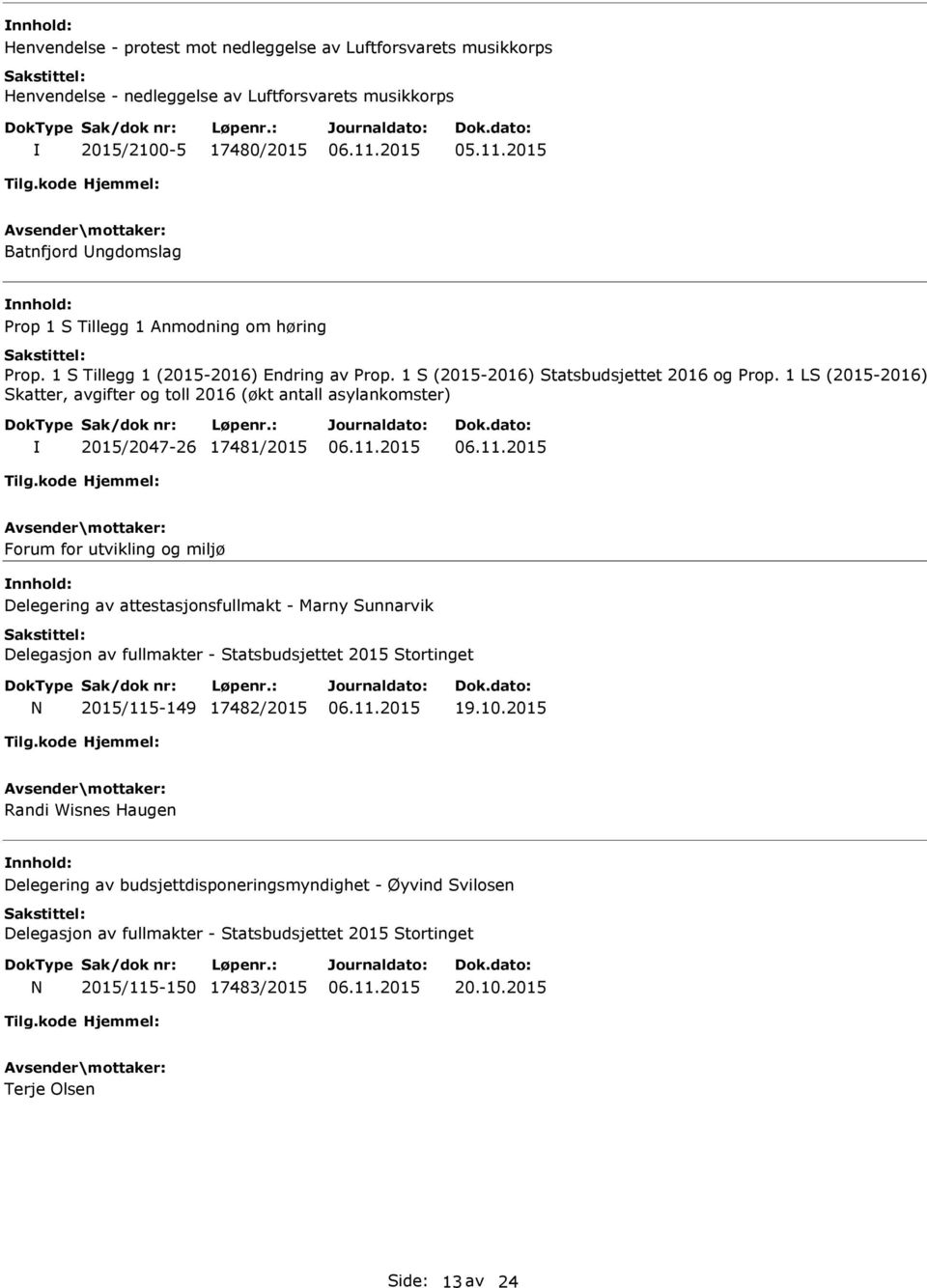 Sunnarvik Delegasjon av fullmakter - Statsbudsjettet 2015 Stortinget N 2015/115-149 17482/2015 19.10.