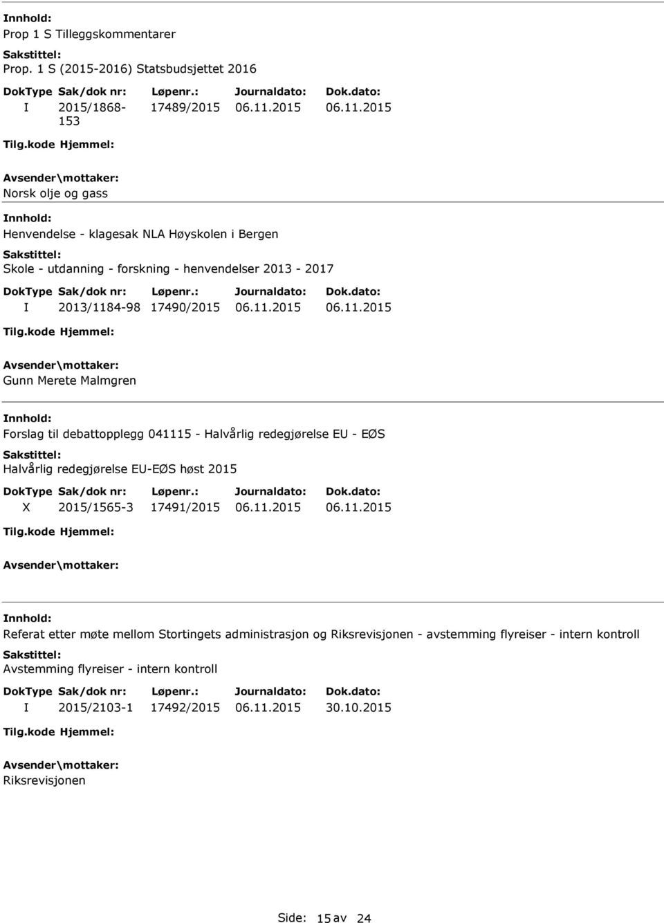 redegjørelse EU - EØS Halvårlig redegjørelse EU-EØS høst 2015 X 2015/1565-3 17491/2015 nnhold: Referat etter møte mellom Stortingets administrasjon