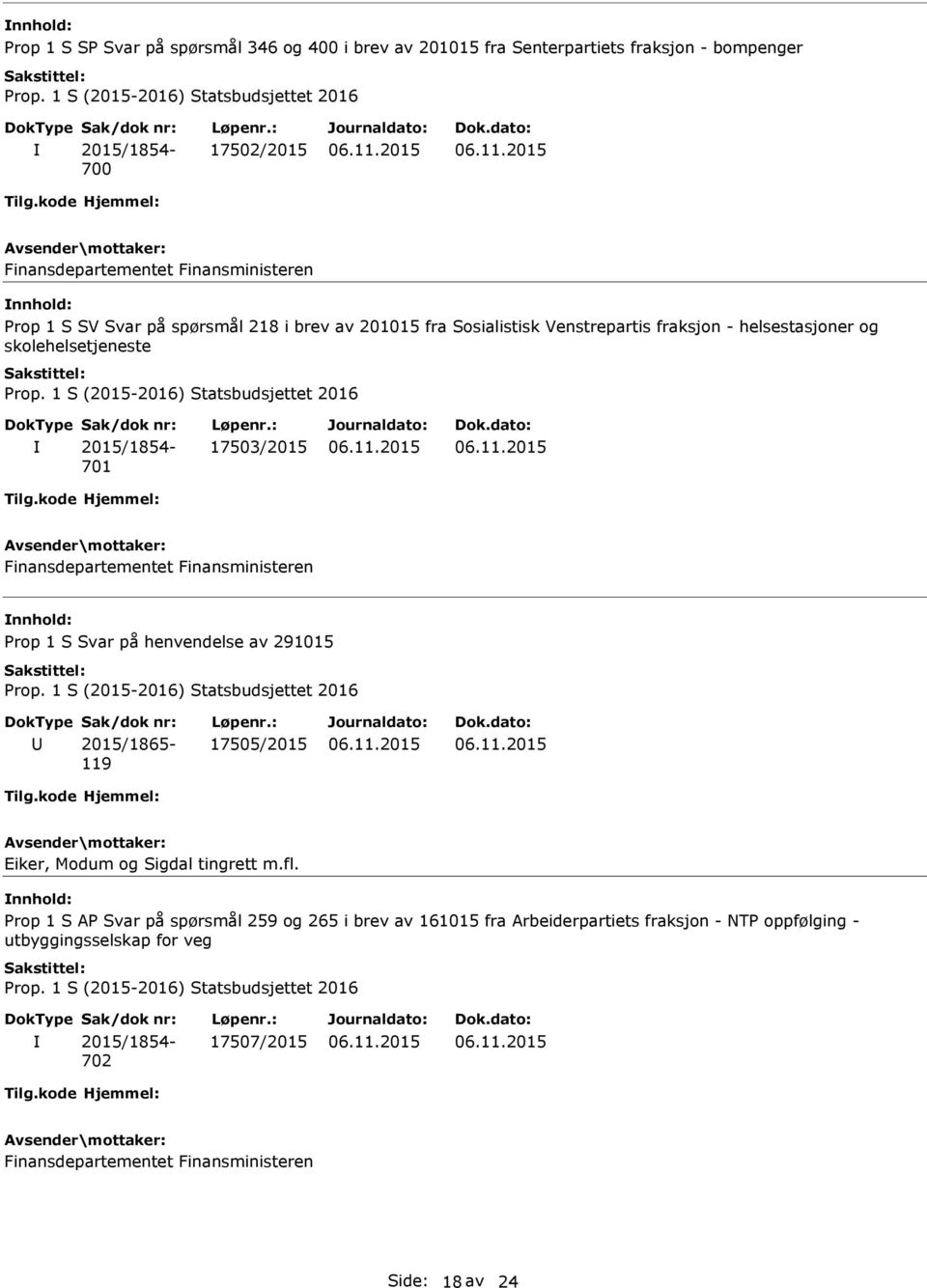 17503/2015 nnhold: Prop 1 S Svar på henvendelse av 291015 U 2015/1865-119 17505/2015 Eiker, Modum og Sigdal tingrett m.fl.