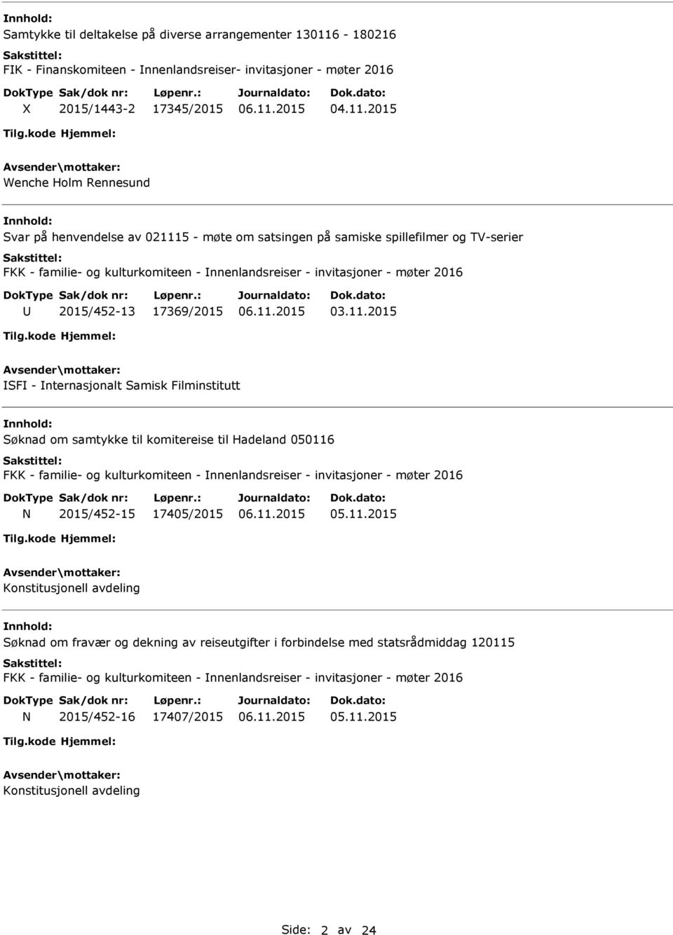 2015 Wenche Holm Rennesund nnhold: Svar på henvendelse av 021115 - møte om satsingen på samiske spillefilmer og TV-serier FKK - familie- og kulturkomiteen - nnenlandsreiser - invitasjoner - møter