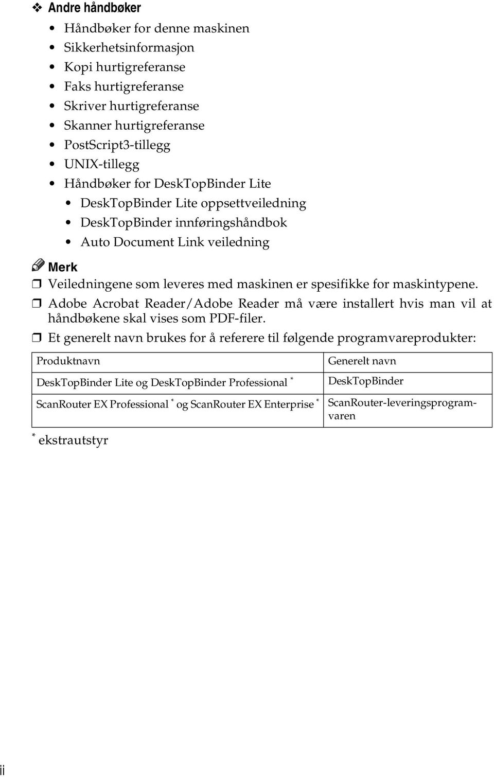 maskintypene. Adobe Acrobat Reader/Adobe Reader må være installert hvis man vil at håndbøkene skal vises som PDF-filer.