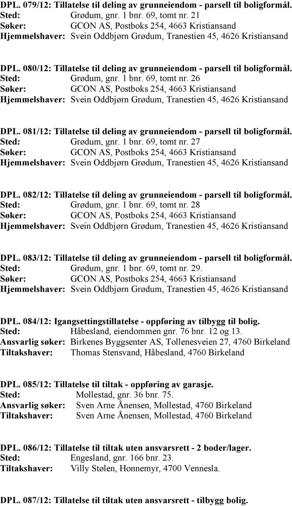 Grødum, gnr. 1 bnr. 69, tomt nr. 26 Søker: GCON AS, Postboks 254, 4663 Kristiansand Hjemmelshaver: Svein Oddbjørn Grødum, Tranestien 45, 4626 Kristiansand DPL.