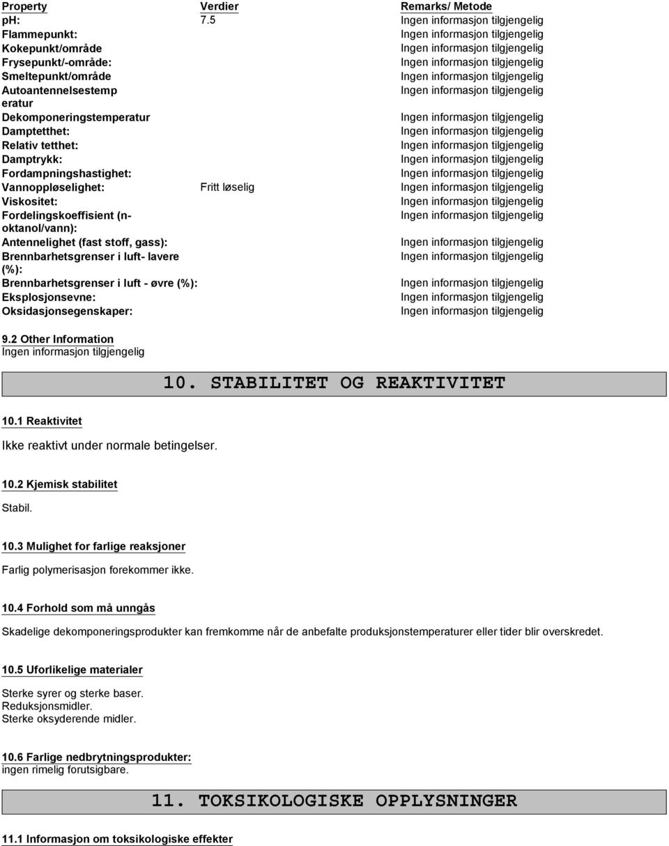Vannoppløselighet: Fritt løselig Viskositet: Fordelingskoeffisient (noktanol/vann): Antennelighet (fast stoff, gass): Brennbarhetsgrenser i luft- lavere (%): Brennbarhetsgrenser i luft - øvre (%):