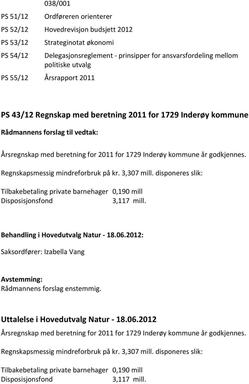 Regnskapsmessig mindreforbruk på kr. 3,307 mill. disponeres slik: Tilbakebetaling private barnehager 0,190 mill Disposisjonsfond 3,117 mill.