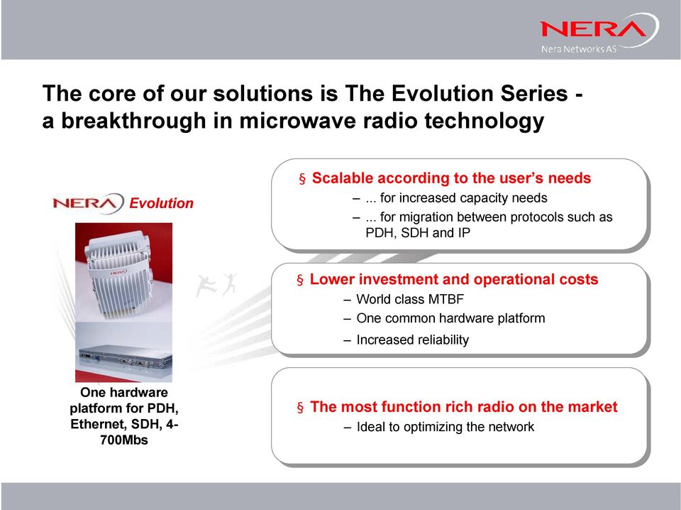 ..... for for migration between protocols such as as PDH, SDH and and IP IP Lower investment and operational costs World class