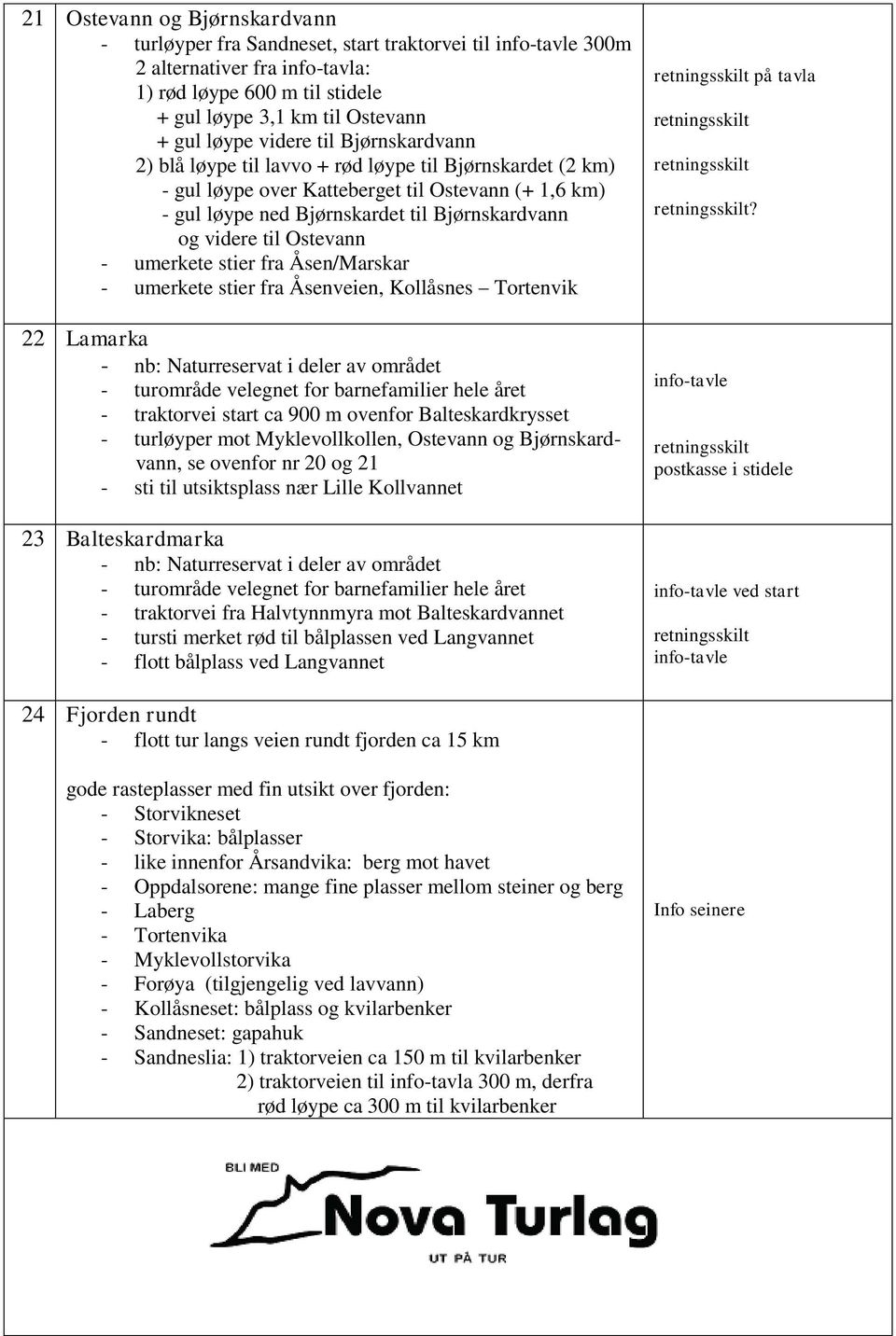 Ostevann - umerkete stier fra Åsen/Marskar - umerkete stier fra Åsenveien, Kollåsnes Tortenvik 22 Lamarka - nb: Naturreservat i deler av området - turområde velegnet for barnefamilier hele året -