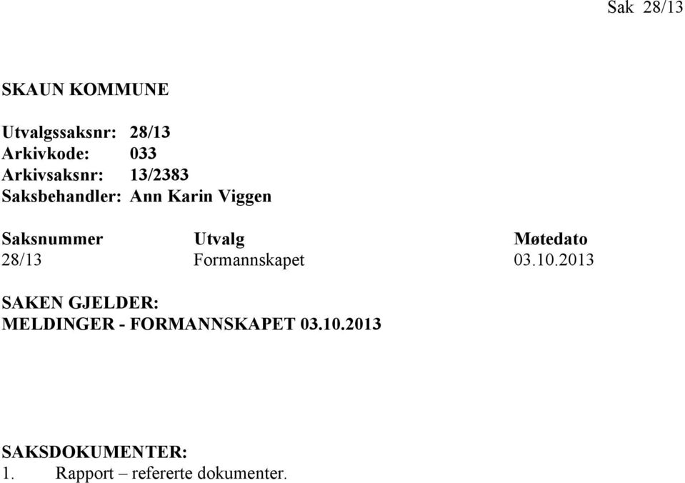 Utvalg Møtedato 28/13 Formannskapet 03.10.