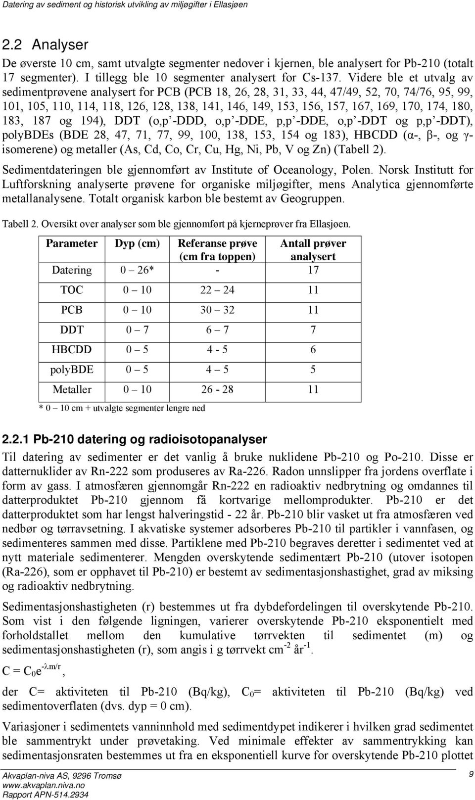 170, 174, 180, 183, 187 og 194), DDT (o,p -DDD, o,p -DDE, p,p -DDE, o,p -DDT og p,p -DDT), polybdes (BDE 28, 47, 71, 77, 99, 100, 138, 153, 154 og 183), HBCDD (α-, β-, og γ- isomerene) og metaller