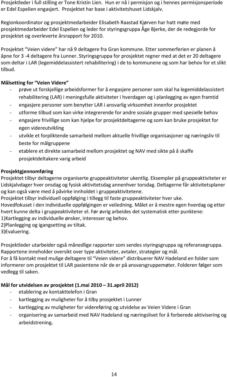 overleverte årsrapport for 2010. Prosjektet Veien videre har nå 9 deltagere fra Gran kommune. Etter sommerferien er planen å åpne for 3 4 deltagere fra Lunner.