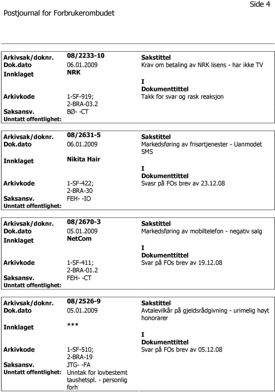 2009 Markedsføring av frisørtjenester - anmodet SMS nnklaget Nikita Hair 1-SF-422; 2-BRA-30 Svasr på FOs brev av 23.12.08 FEH- -O Arkivsak/doknr. 08/2670-3 Sakstittel Dok.dato 05.01.