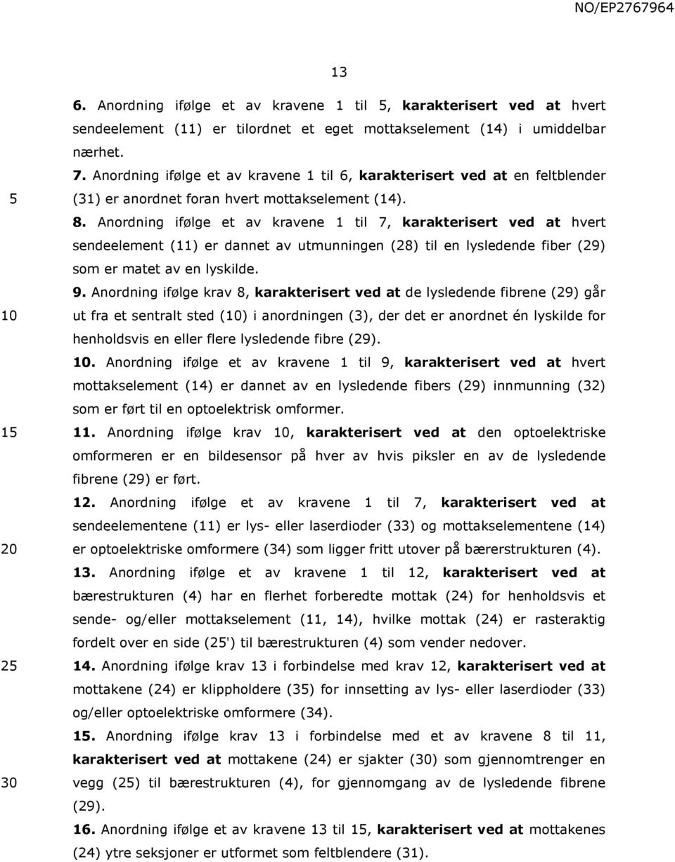 Anordning ifølge et av kravene 1 til 7, karakterisert ved at hvert sendeelement (11) er dannet av utmunningen (28) til en lysledende fiber (29) som er matet av en lyskilde. 9.