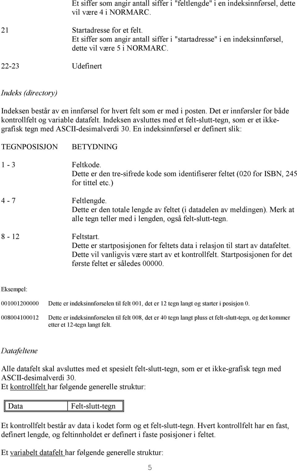 22-23 Udefinert Indeks (directory) Indeksen består av en innførsel for hvert felt som er med i posten. Det er innførsler for både kontrollfelt og variable datafelt.