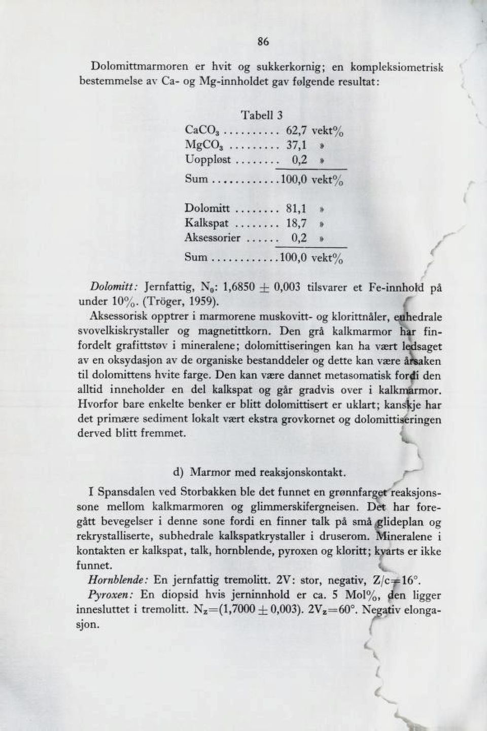 tilsvarer et Fe-innhold på under 10%. (Troger, 1959). Aksessorisk opptrer i marmorene muskovitt- og klorittnåler, eflhedrale svovelkiskrystaller og magnetittkorn.