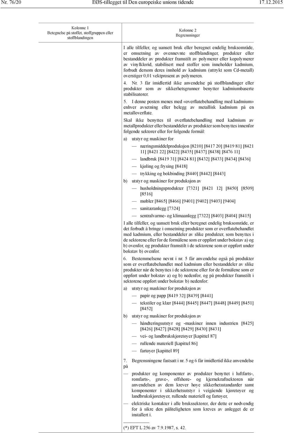 kopolymerer av vinylklorid, stabilisert med stoffer som inneholder kadmium, forbudt dersom deres innhold av kadmium (uttrykt som Cd-metall) overstiger 0,01 vektprosent av polymeren. 4. Nr.