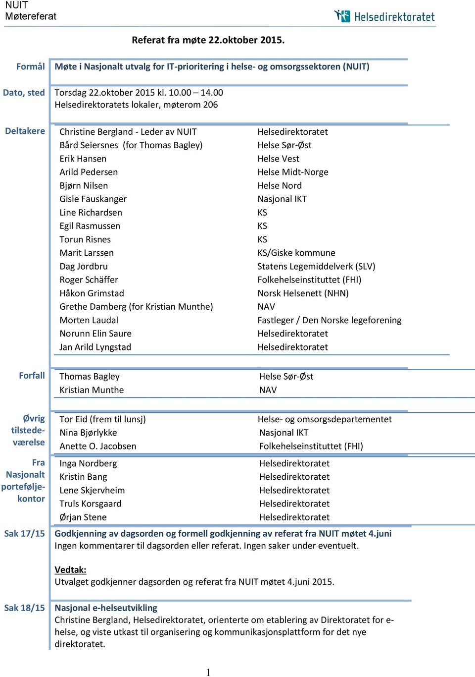 Gisle Fauskanger Nasjonal IKT Line Richardsen Egil Rasmussen Torun Risnes Marit Larssen /Giske kommune Dag Jordbru Statens Legemiddelverk (SLV) Roger Schäffer Folkehelseinstituttet (FHI) Håkon