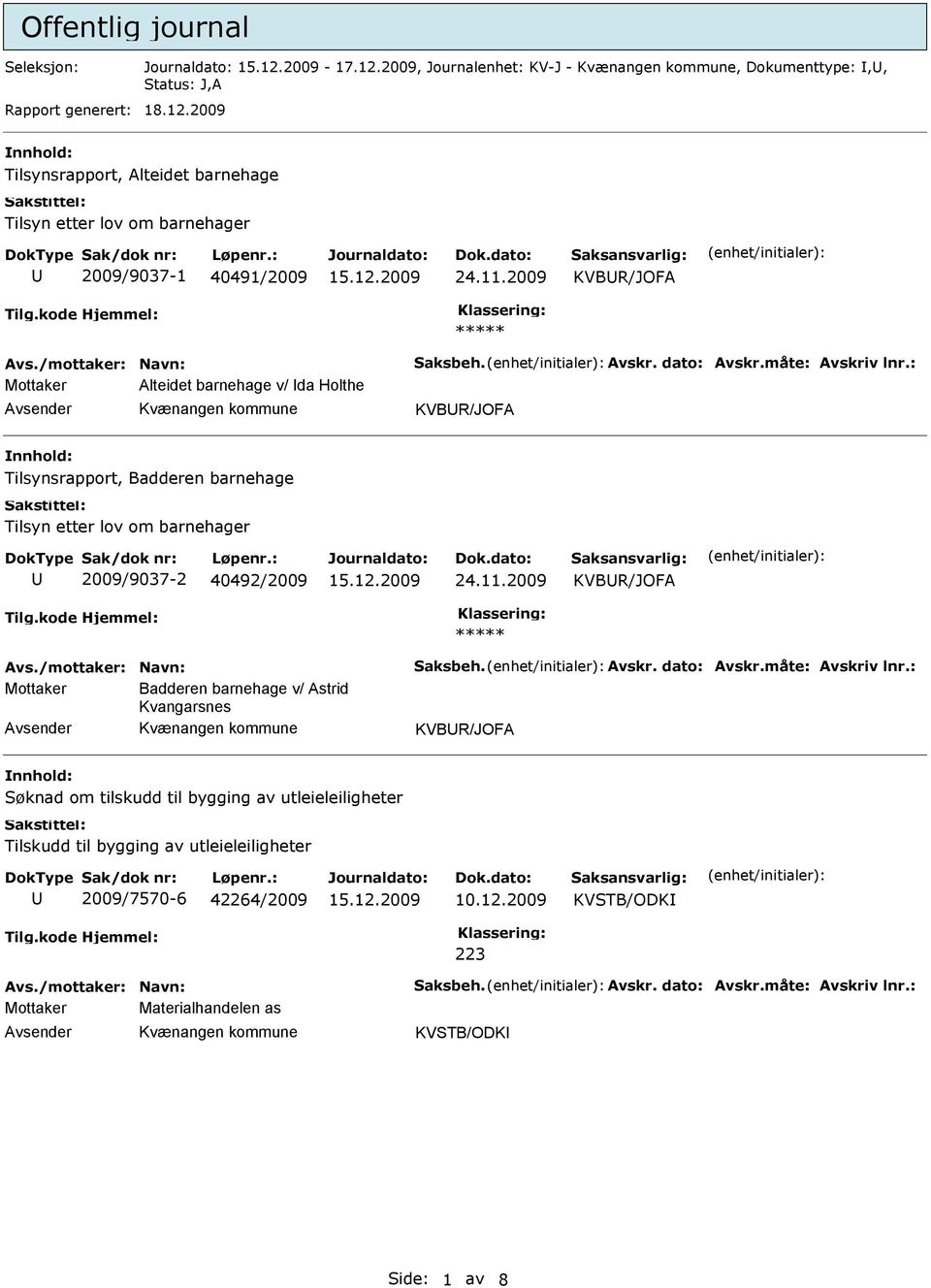 : Mottaker Alteidet barnehage v/ da Holthe KVBR/JOFA Tilsynsrapport, Badderen barnehage Tilsyn etter lov om barnehager 2009/9037-2 40492/2009 24.