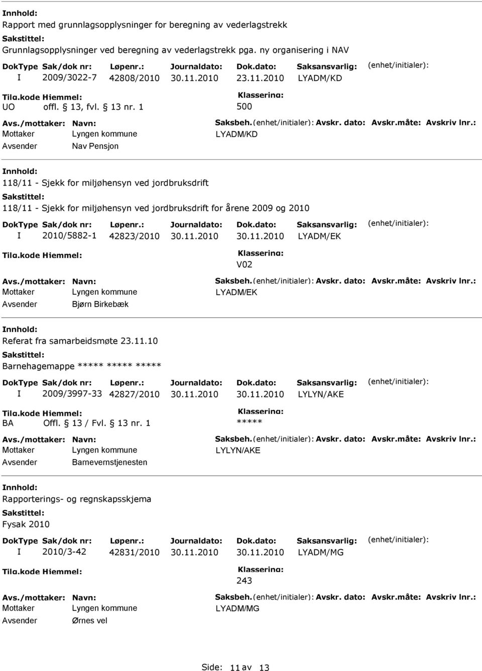 : LYADM/KD Nav ensjon 118/11 - Sjekk for miljøhensyn ved jordbruksdrift 118/11 - Sjekk for miljøhensyn ved jordbruksdrift for årene 2009 og 2010 2010/5882-1 42823/2010 V02 Avs.