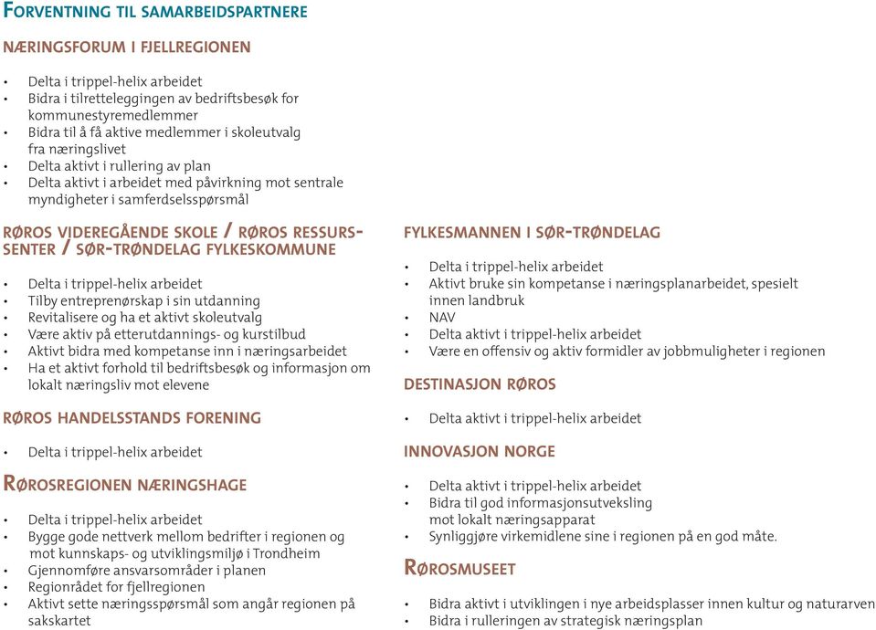 sør-trøndelag fylkeskommune Delta i trippel-helix arbeidet Tilby entreprenørskap i sin utdanning Revitalisere og ha et aktivt skoleutvalg Være aktiv på etterutdannings- og kurstilbud Aktivt bidra med