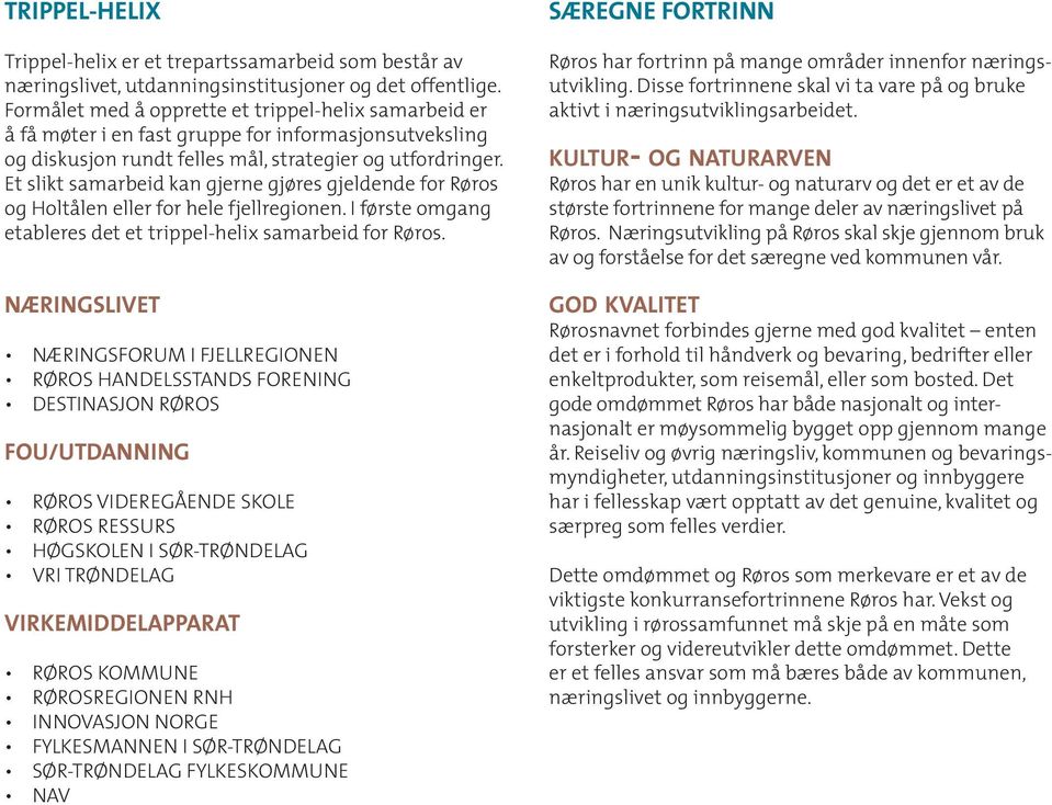 Et slikt samarbeid kan gjerne gjøres gjeldende for Røros og Holtålen eller for hele fjellregionen. I første omgang etableres det et trippel-helix samarbeid for Røros.