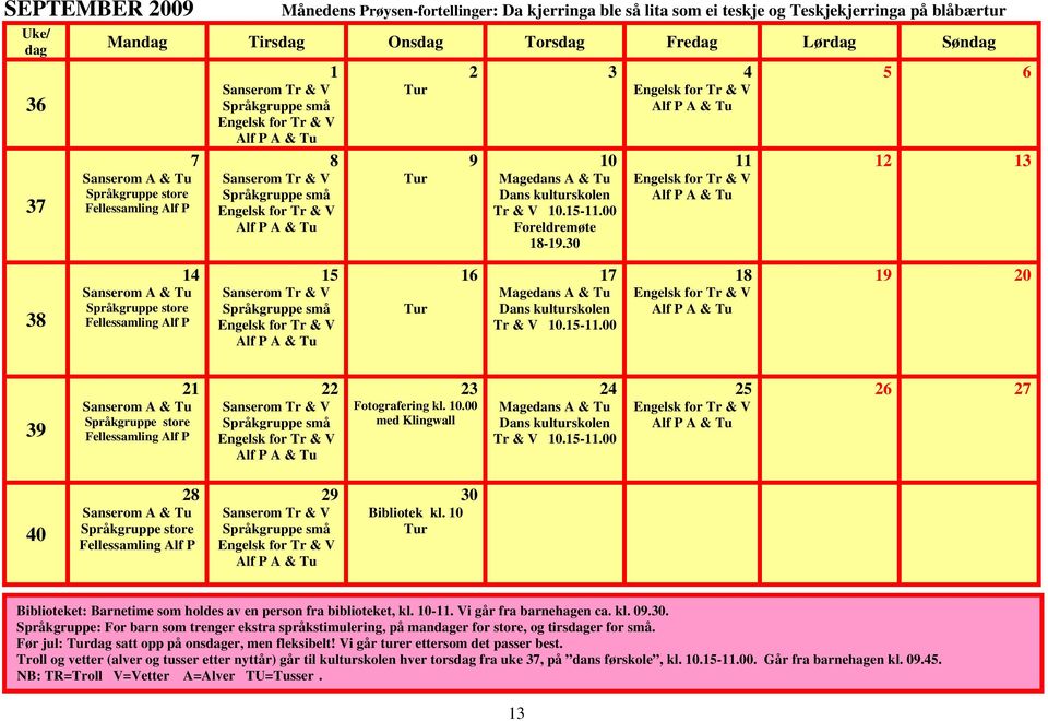 15-11.00 25 26 27 40 28 29 30 Biblioteket: Barnetime som holdes av en person fra biblioteket, kl. 10-11. Vi går fra barnehagen ca. kl. 09.30. Språkgruppe: For barn som trenger ekstra språkstimulering, på mandager for store, og tirsdager for små.