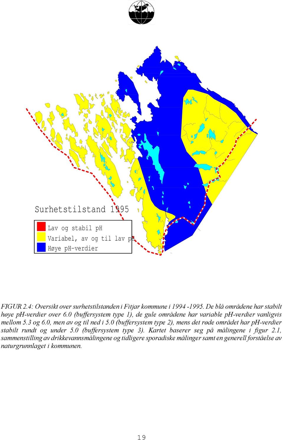 0, men av og til ned i 5.0 (buffersystem type 2), mens det røde området har ph-verdier stabilt rundt og under 5.0 (buffersystem type 3).