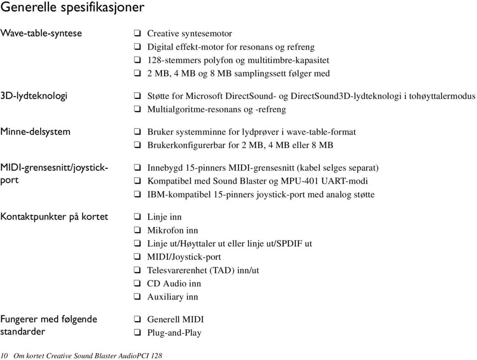 tohøyttalermodus Multialgoritme-resonans og -refreng Bruker systemminne for lydprøver i wave-table-format Brukerkonfigurerbar for 2 MB, 4 MB eller 8 MB Innebygd 15-pinners MIDI-grensesnitt (kabel