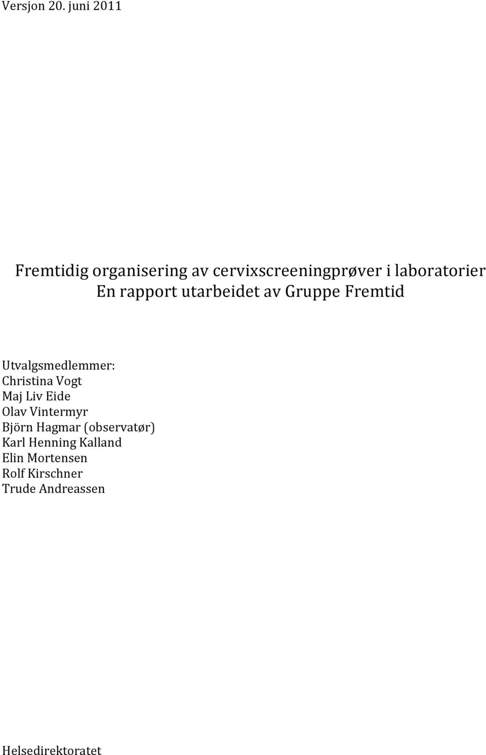 En rapport utarbeidet av Gruppe Fremtid Utvalgsmedlemmer: Christina Vogt