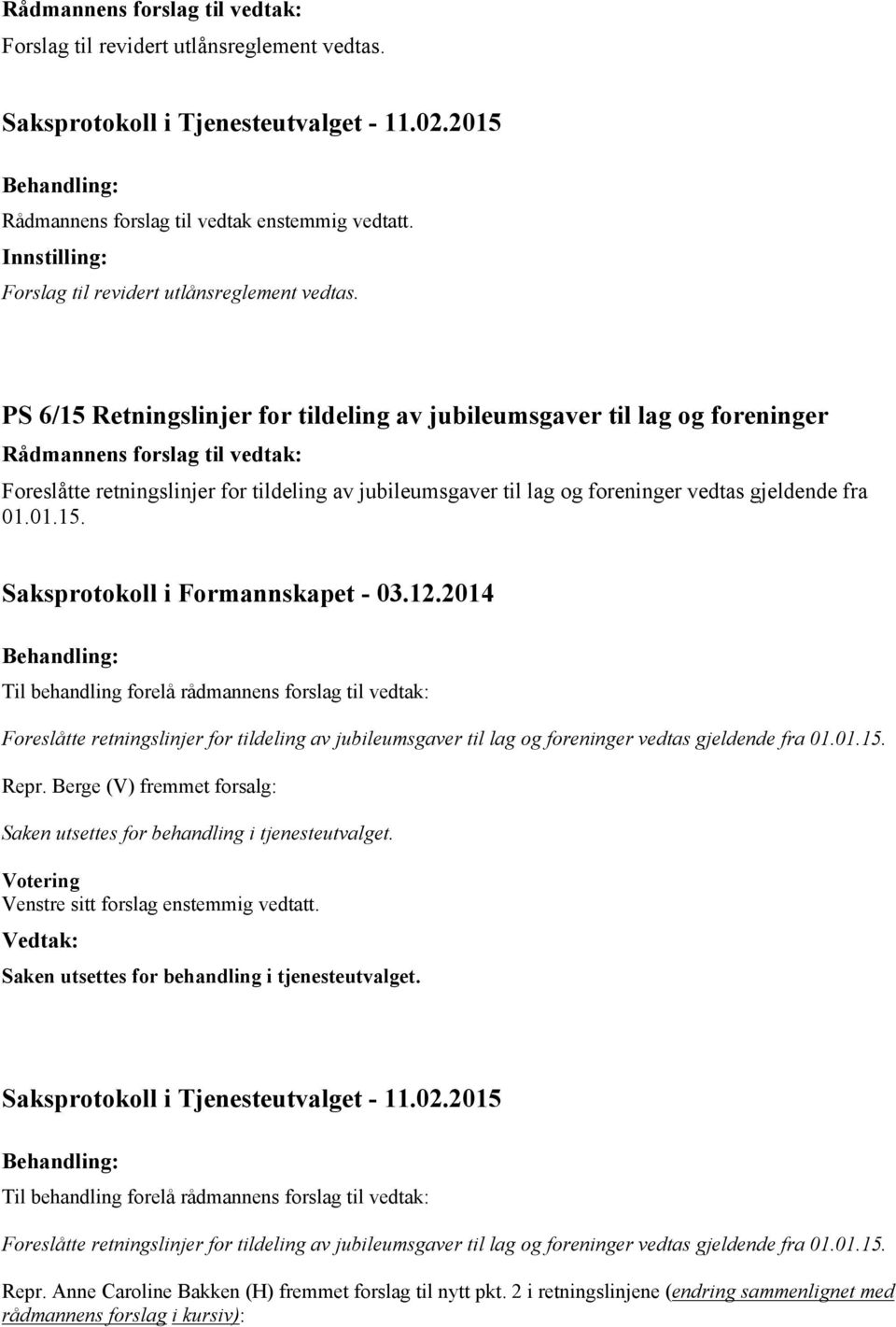 12.2014 Til behandling forelå rådmannens forslag til vedtak: Foreslåtte retningslinjer for tildeling av jubileumsgaver til lag og foreninger vedtas gjeldende fra 01.01.15. Repr.