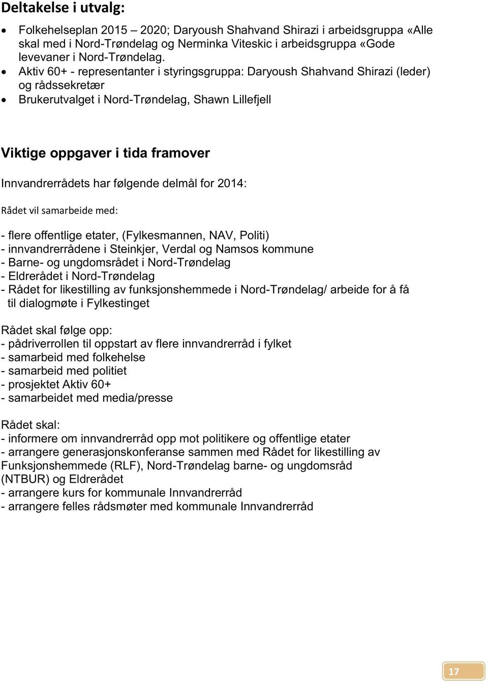 følgende delmål for 2014: Rådetvil samarbeidemed: - flere offentlige etater, (Fylkesmannen, NAV, Politi) - innvandrerrådene i Steinkjer, Verdal og Namsos kommune - Barne- og ungdomsrådet i