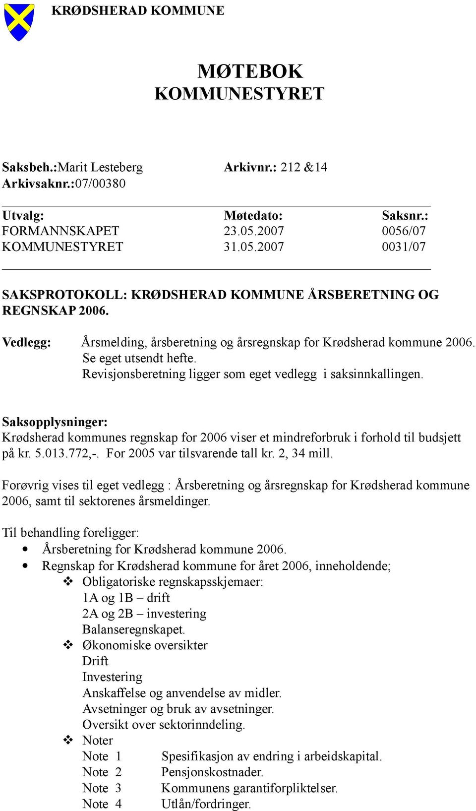 Se eget utsendt hefte. Revisjonsberetning ligger som eget vedlegg i saksinnkallingen. Saksopplysninger: Krødsherad kommunes regnskap for 2006 viser et mindreforbruk i forhold til budsjett på kr. 5.