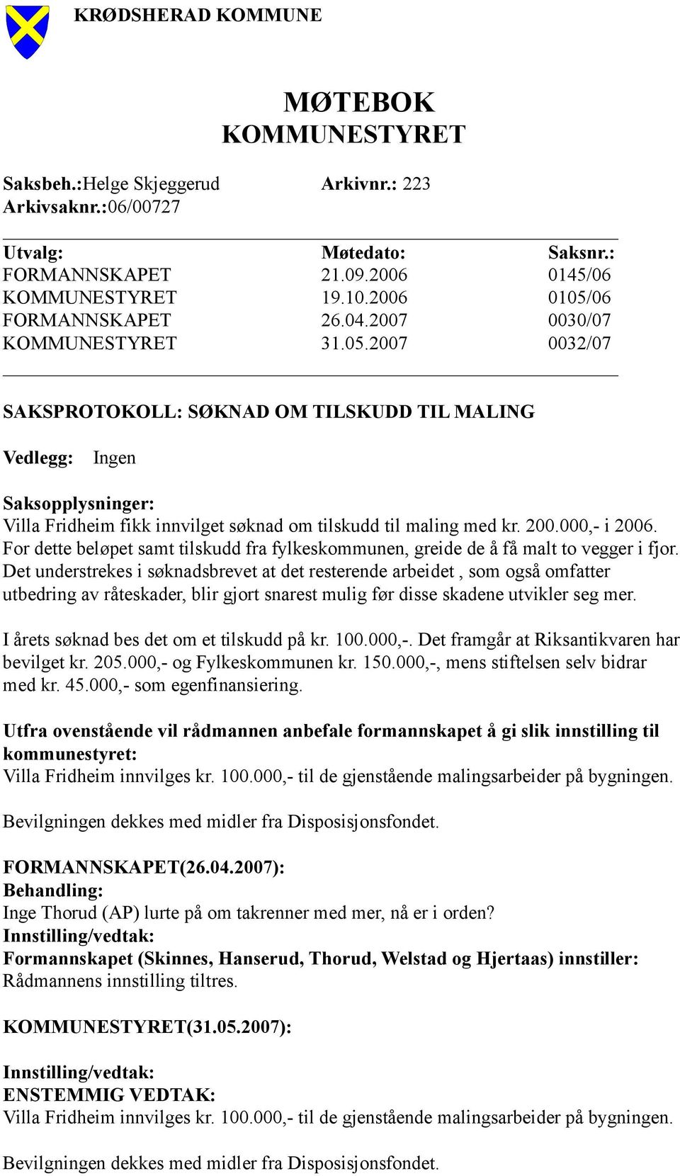 000,- i 2006. For dette beløpet samt tilskudd fra fylkeskommunen, greide de å få malt to vegger i fjor.