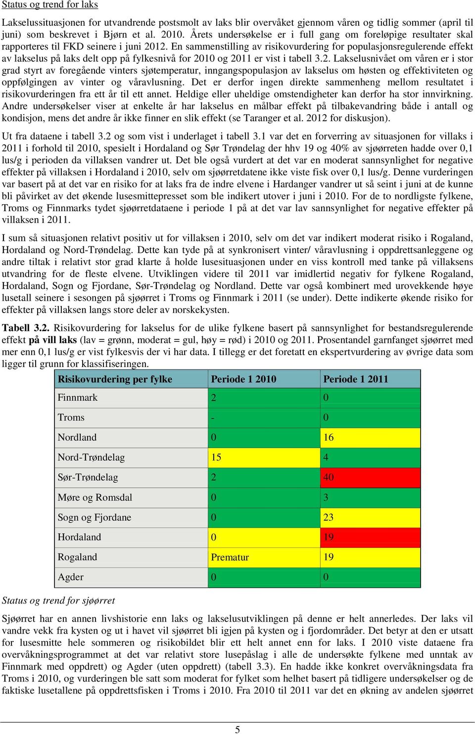 En sammenstilling av risikovurdering for populasjonsregulerende effekt av lakselus på laks delt opp på fylkesnivå for 20