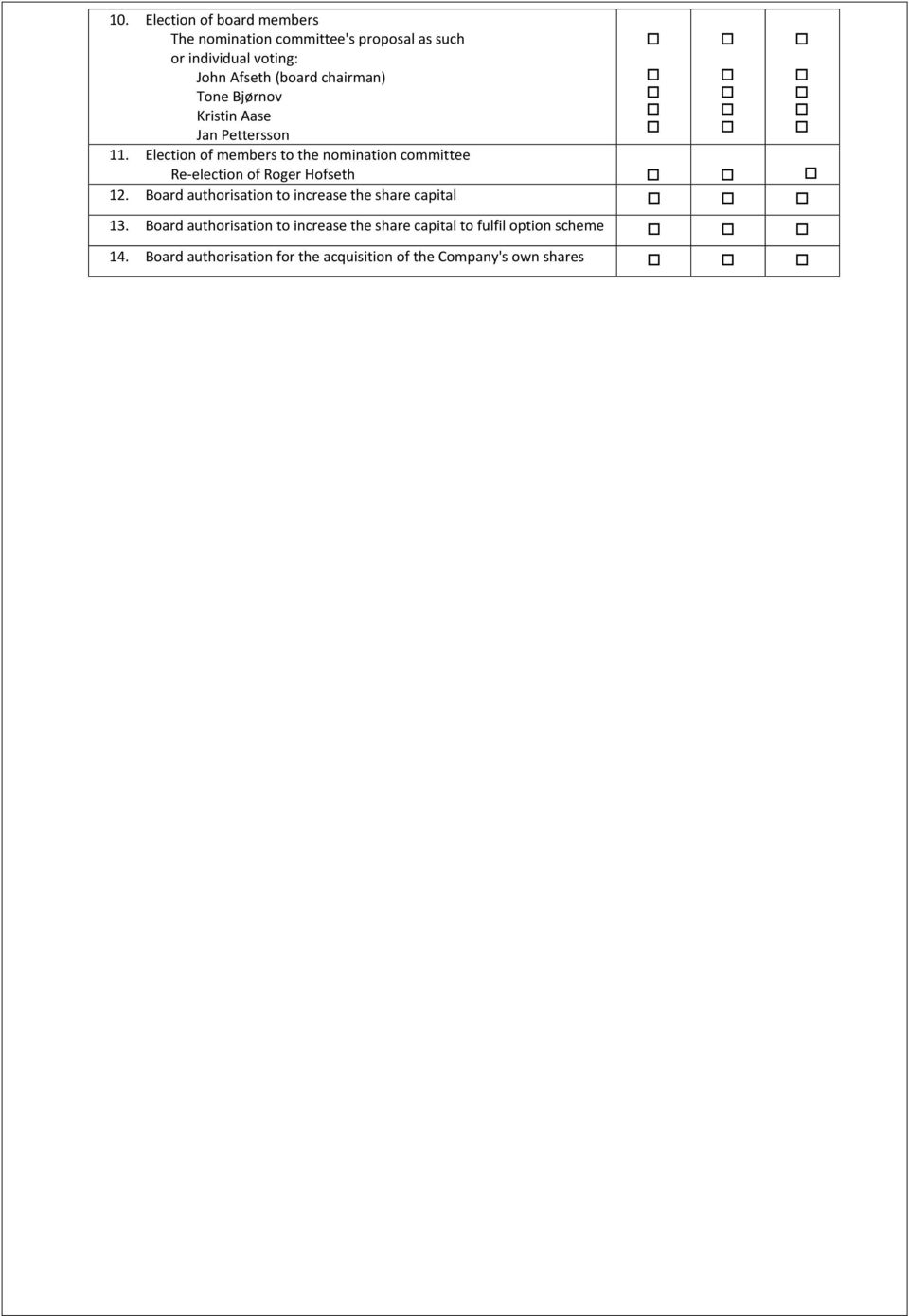 Election of members to the nomination committee Re-election of Roger Hofseth 12.