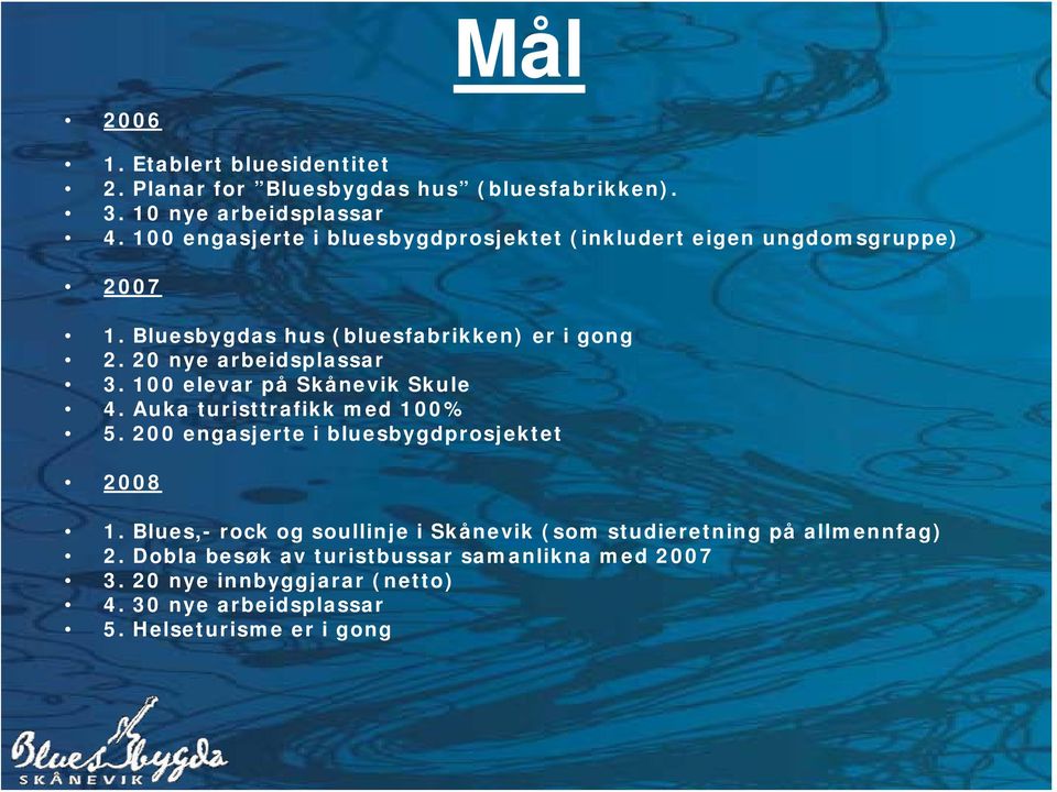 20 nye arbeidsplassar 3. 100 elevar på Skånevik Skule 4. Auka turisttrafikk med 100% 5. 200 engasjerte i bluesbygdprosjektet 2008 1.