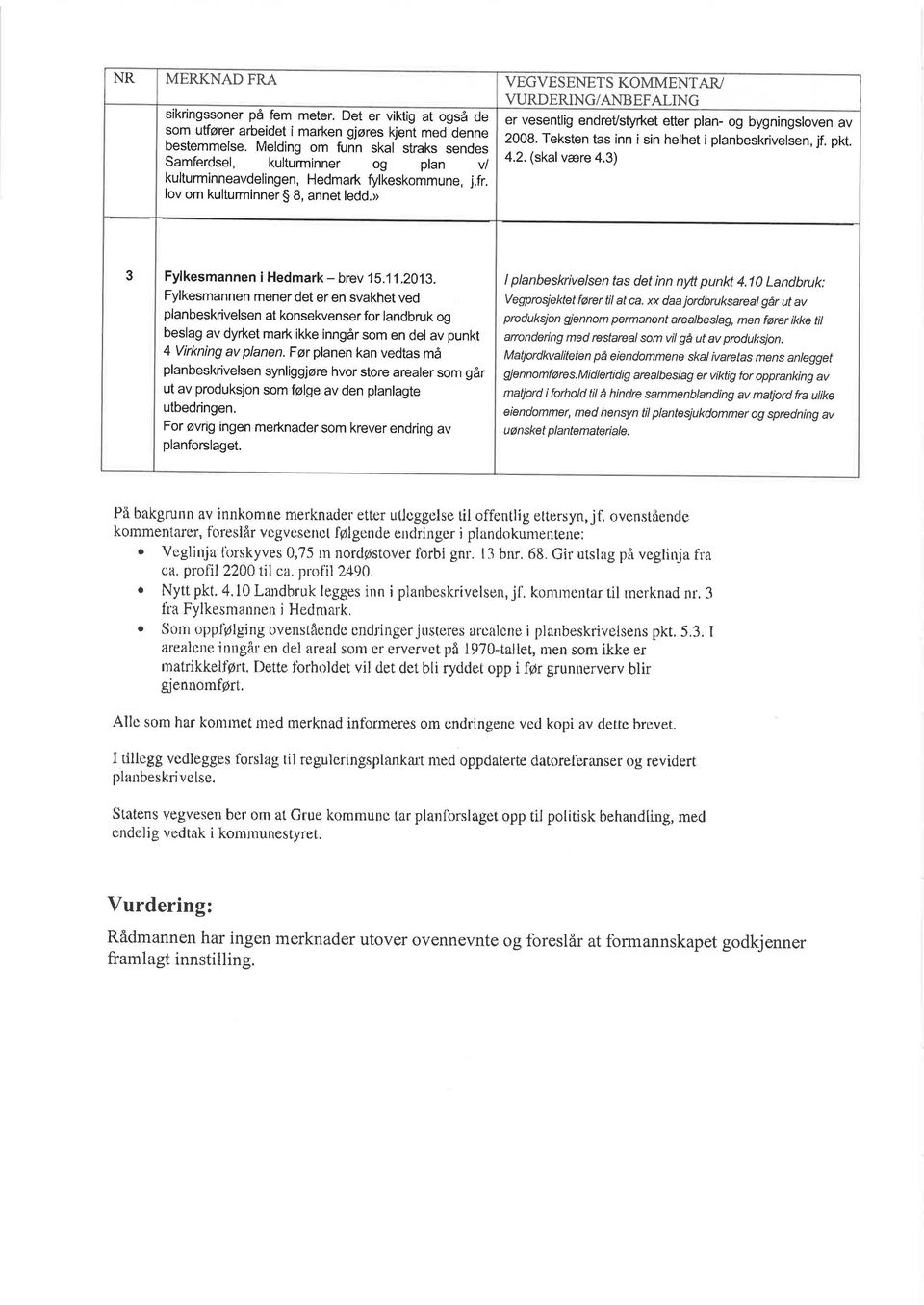 i planbeskrivelsen, jf. pkt. Melding om funn skal straks sendes 4.2. (skal være 4.3) Samferdsel, kulturminner og plan vl kulturminneavdelingen, Hedmark fulkeskommune, j.fr.