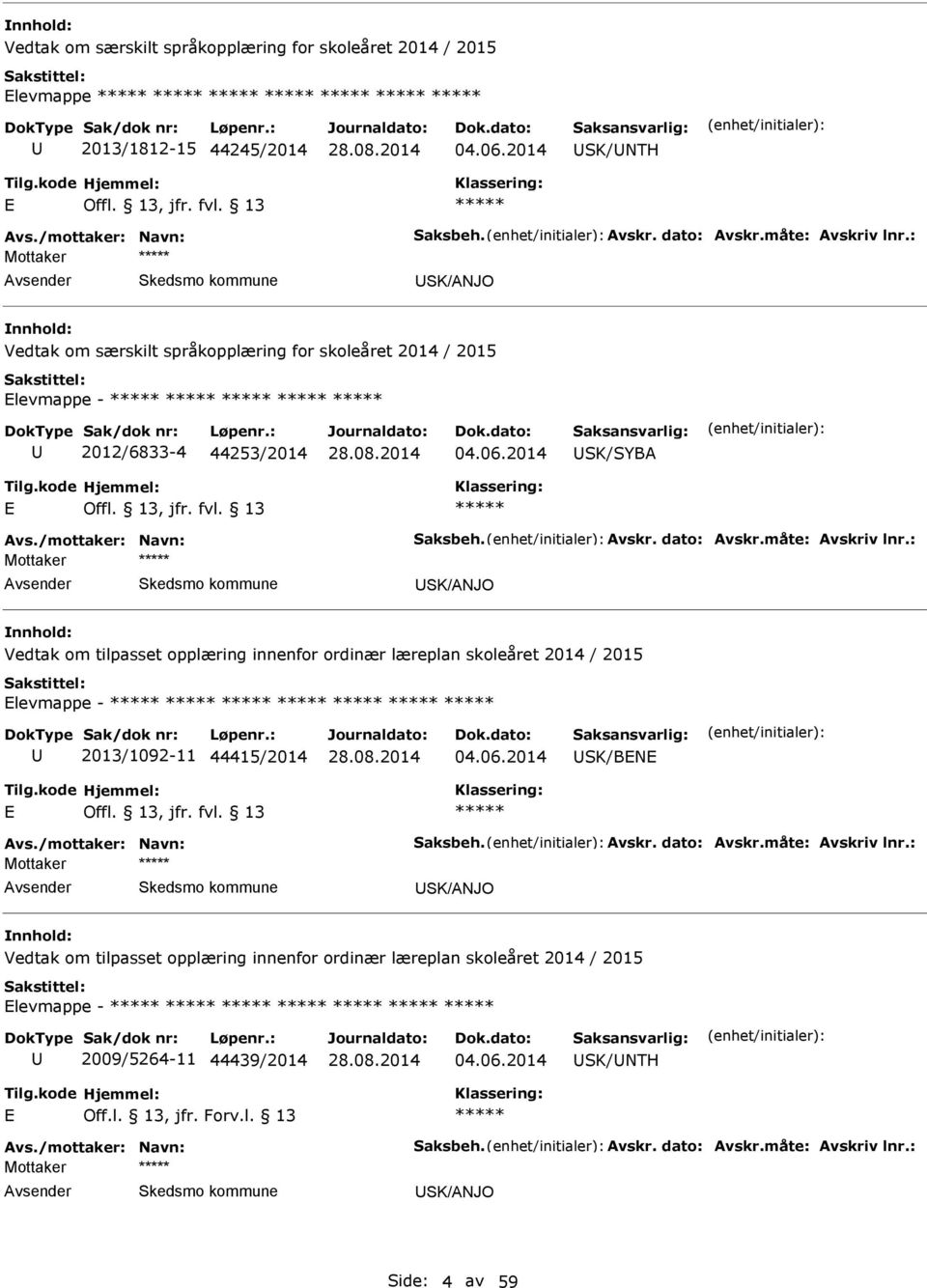 2014 SK/SYB SK/NJO Vedtak om tilpasset opplæring innenfor ordinær læreplan skoleåret 2014 / 2015 levmappe - 2013/1092-11 44415/2014 04.06.