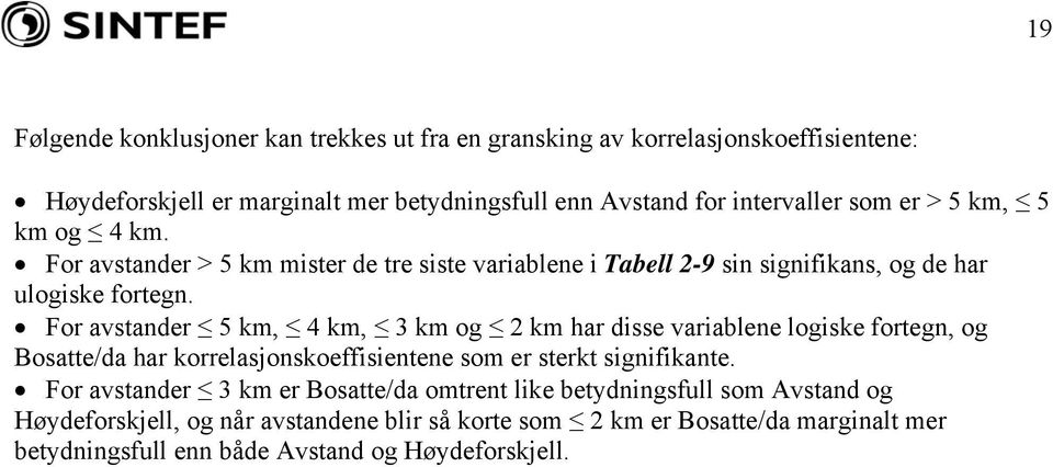 For avstander 5 km, 4 km, 3 km og 2 km har disse variablene logiske fortegn, og Bosatte/da har korrelasjonskoeffisientene som er sterkt signifikante.