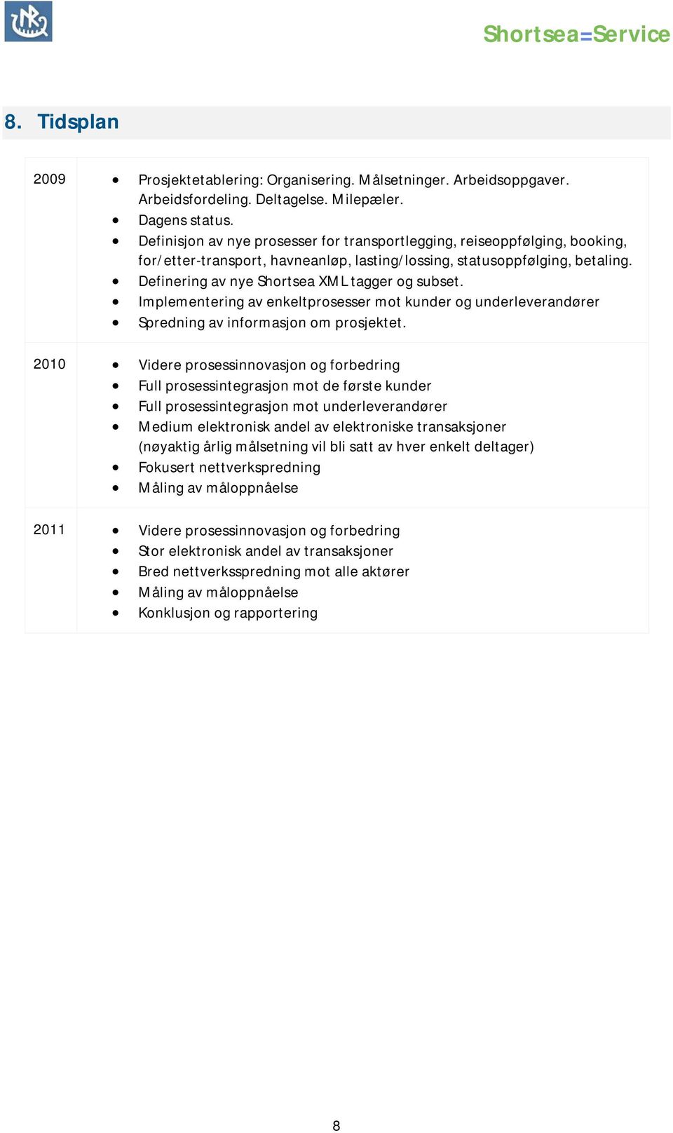 Definering av nye Shortsea XML tagger og subset. Implementering av enkeltprosesser mot kunder og underleverandører Spredning av informasjon om prosjektet.