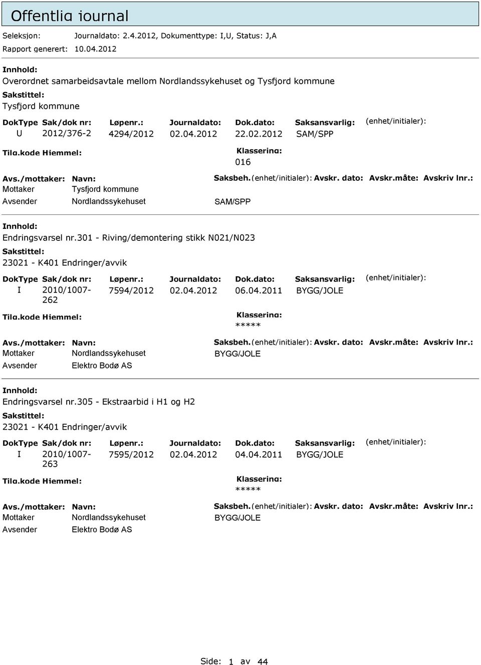 /mottaker: Navn: Saksbeh. Avskr. dato: Avskr.måte: Avskriv lnr.: Mottaker Tysfjord kommune Avsender Nordlandssykehuset SAM/S nnhold: Endringsvarsel nr.