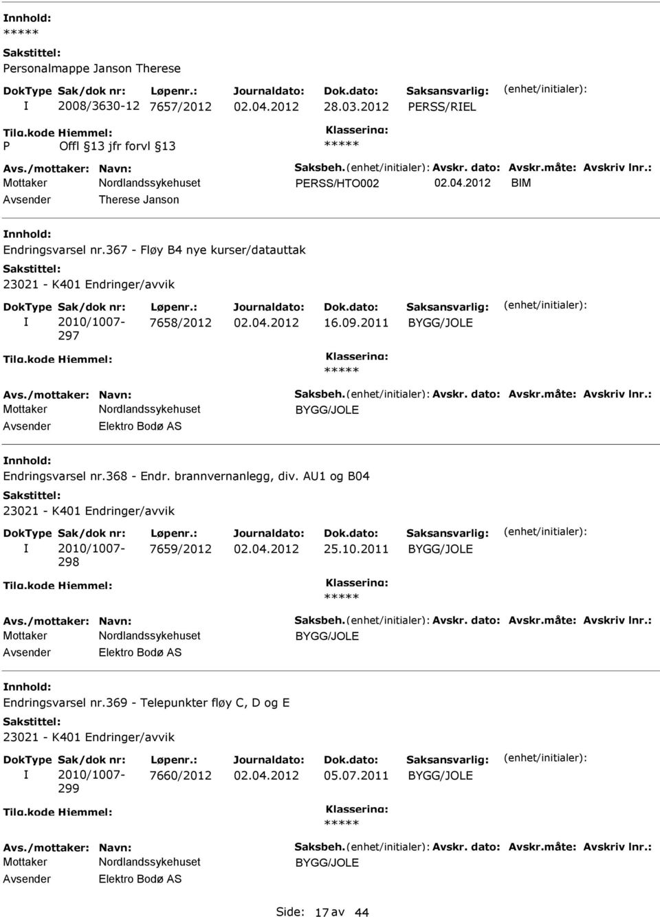 måte: Avskriv lnr.: nnhold: Endringsvarsel nr.368 - Endr. brannvernanlegg, div. AU1 og B04 298 7659/2012 25.10.2011 Avs./mottaker: Navn: Saksbeh. Avskr. dato: Avskr.