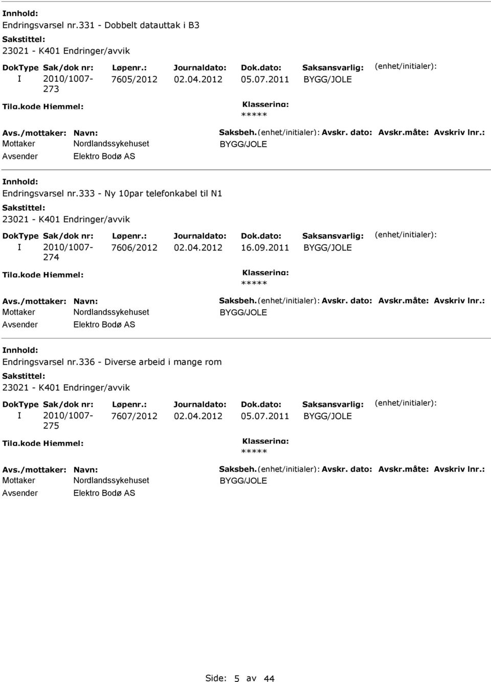 333 - Ny 10par telefonkabel til N1 274 7606/2012 Avs./mottaker: Navn: Saksbeh.