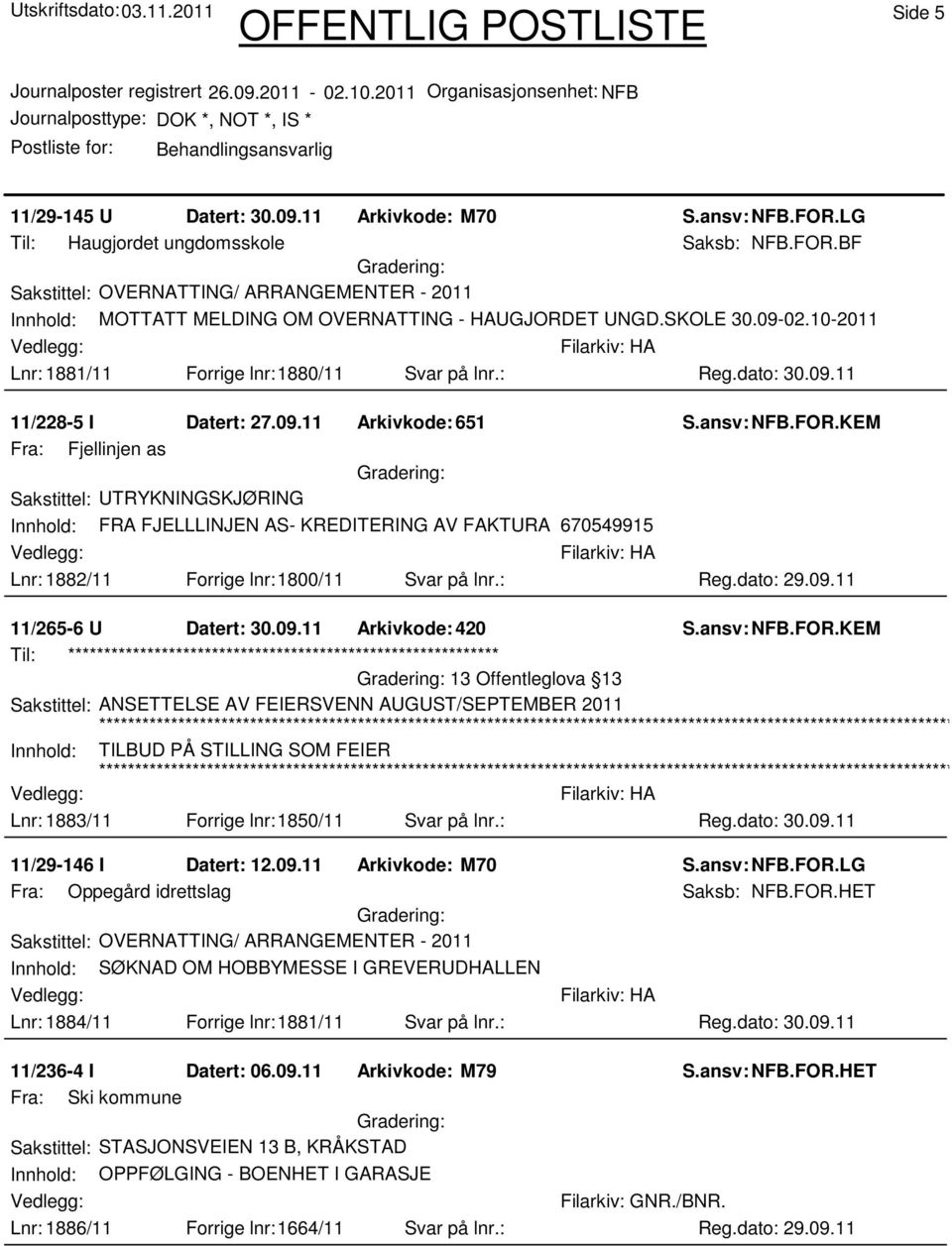 09.11 Arkivkode: 651 S.ansv: NFB.FOR.KEM Fra: Fjellinjen as Sakstittel: UTRYKNINGSKJØRING Innhold: FRA FJELLLINJEN AS- KREDITERING AV FAKTURA 670549915 Lnr: 1882/11 Forrige lnr:1800/11 Svar på lnr.