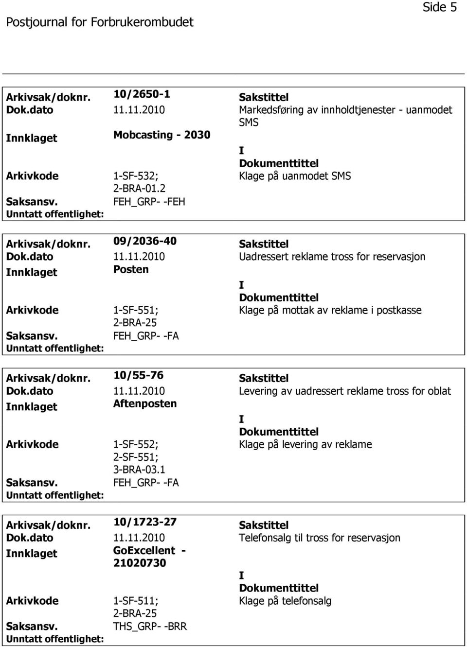 11.2010 adressert reklame tross for reservasjon Posten 1-SF-551; Klage på mottak av reklame i postkasse FEH_GRP- -FA Arkivsak/doknr. 10/55-76 Sakstittel Dok.dato 11.11.2010 Levering av uadressert reklame tross for oblat Aftenposten 1-SF-552; Klage på levering av reklame 2-SF-551; 3-BRA-03.