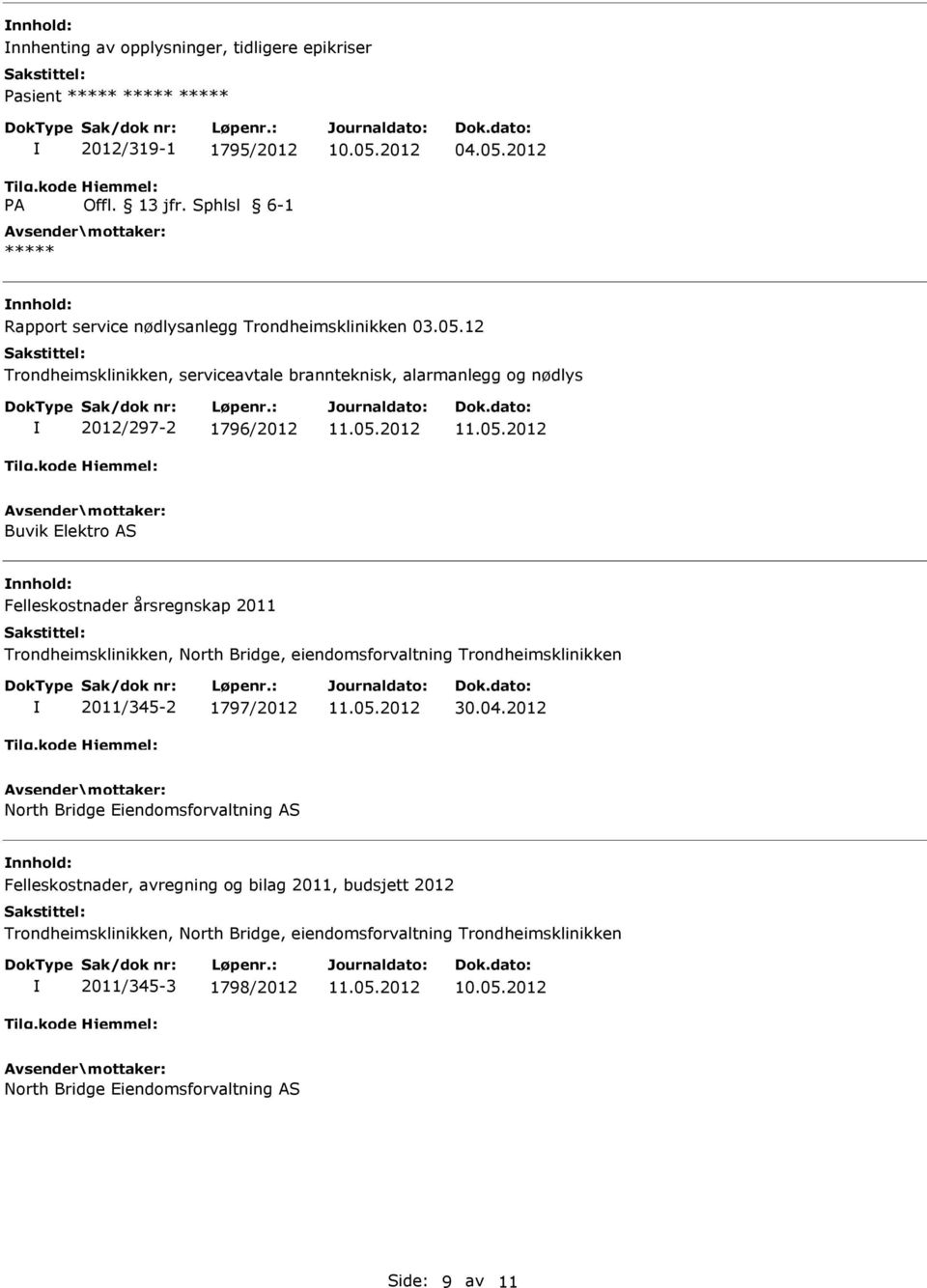 12 Trondheimsklinikken, serviceavtale brannteknisk, alarmanlegg og nødlys 2012/297-2 1796/2012 Buvik Elektro AS nnhold: Felleskostnader årsregnskap 2011