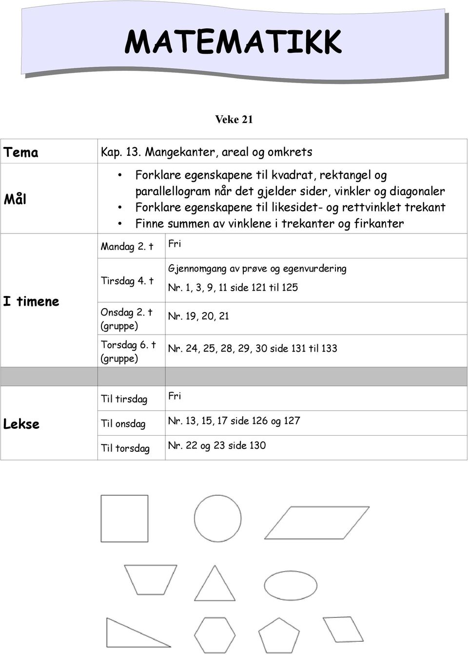 Forklare egenskapene til likesidet- og rettvinklet trekant Finne summen av vinklene i trekanter og firkanter e Mandag 2. t Tirsdag 4.