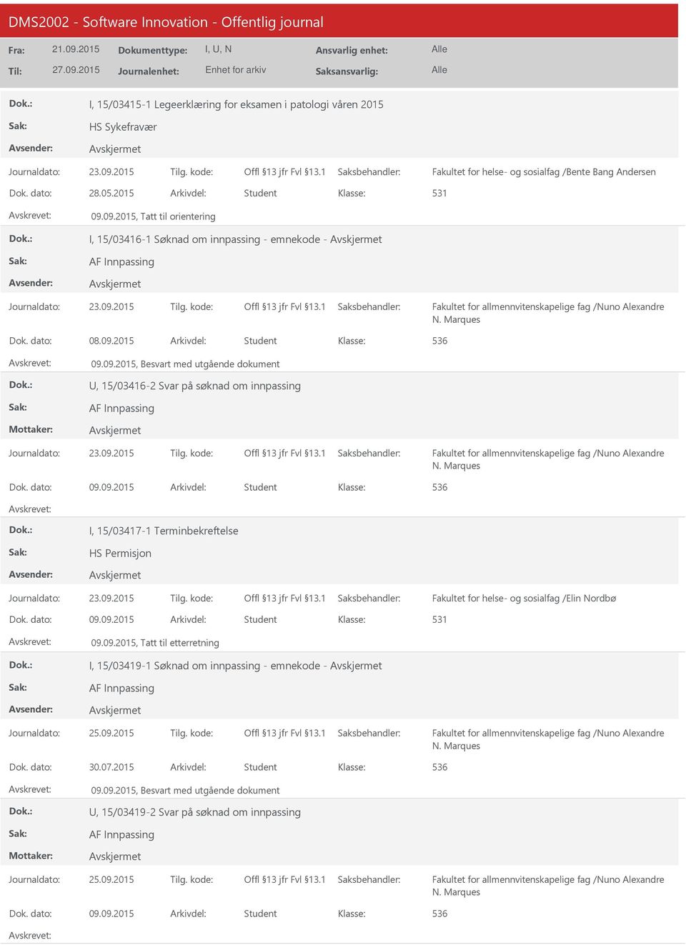 dato: 09.09.2015 Arkivdel: Student I, 15/03417-1 Terminbekreftelse HS Permisjon Fakultet for helse- og sosialfag /Elin Nordbø Dok. dato: 09.09.2015 Arkivdel: Student 531 09.09.2015, Tatt til etterretning I, 15/03419-1 Søknad om innpassing - emnekode - Dok.