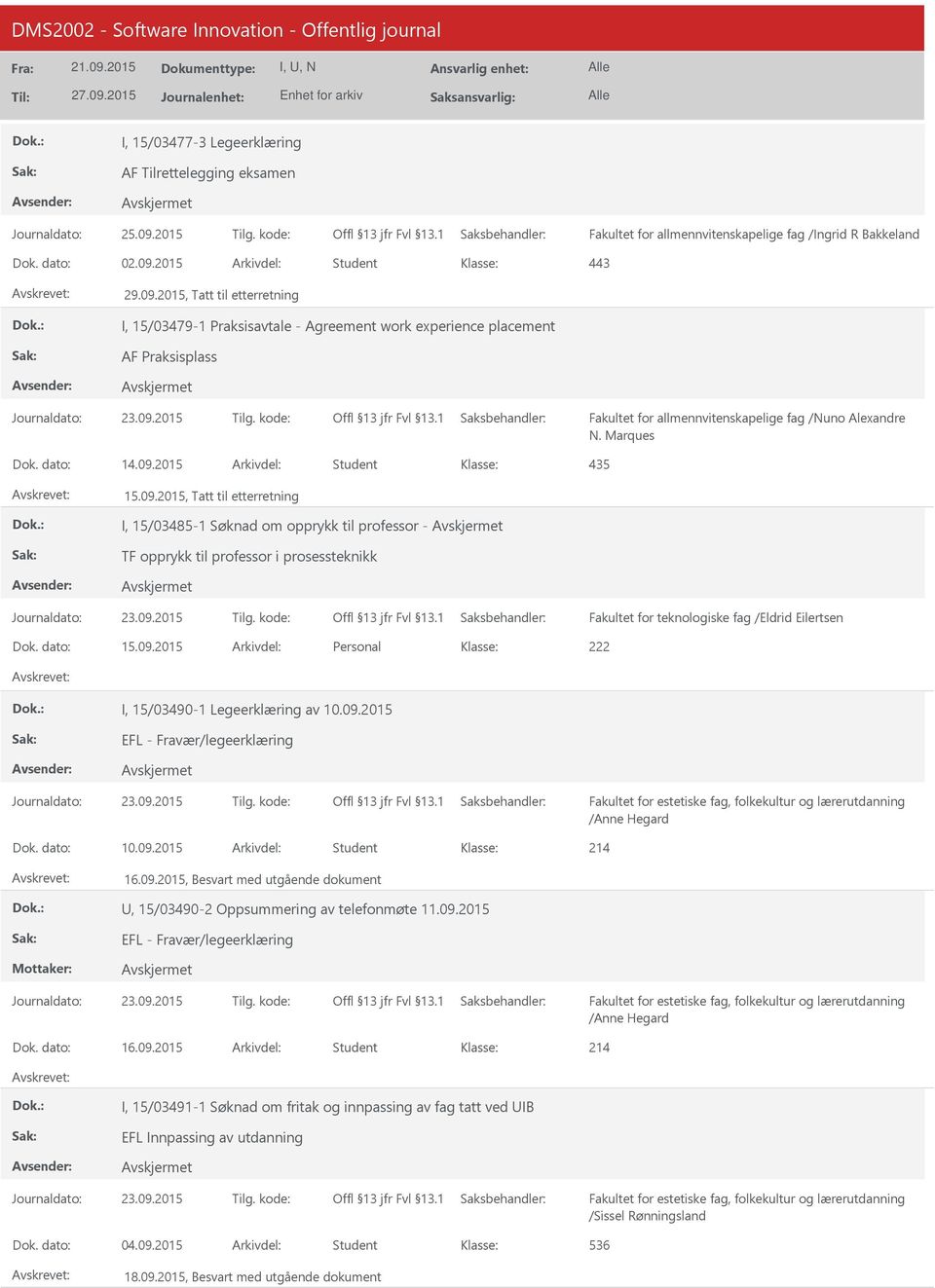 dato: 15.09.2015 Arkivdel: Personal 222 I, 15/03490-1 Legeerklæring av 10.09.2015 EFL - Fravær/legeerklæring /Anne Hegard Dok. dato: 10.09.2015 Arkivdel: Student 214 16.09.2015, Besvart med utgående dokument, 15/03490-2 Oppsummering av telefonmøte 11.