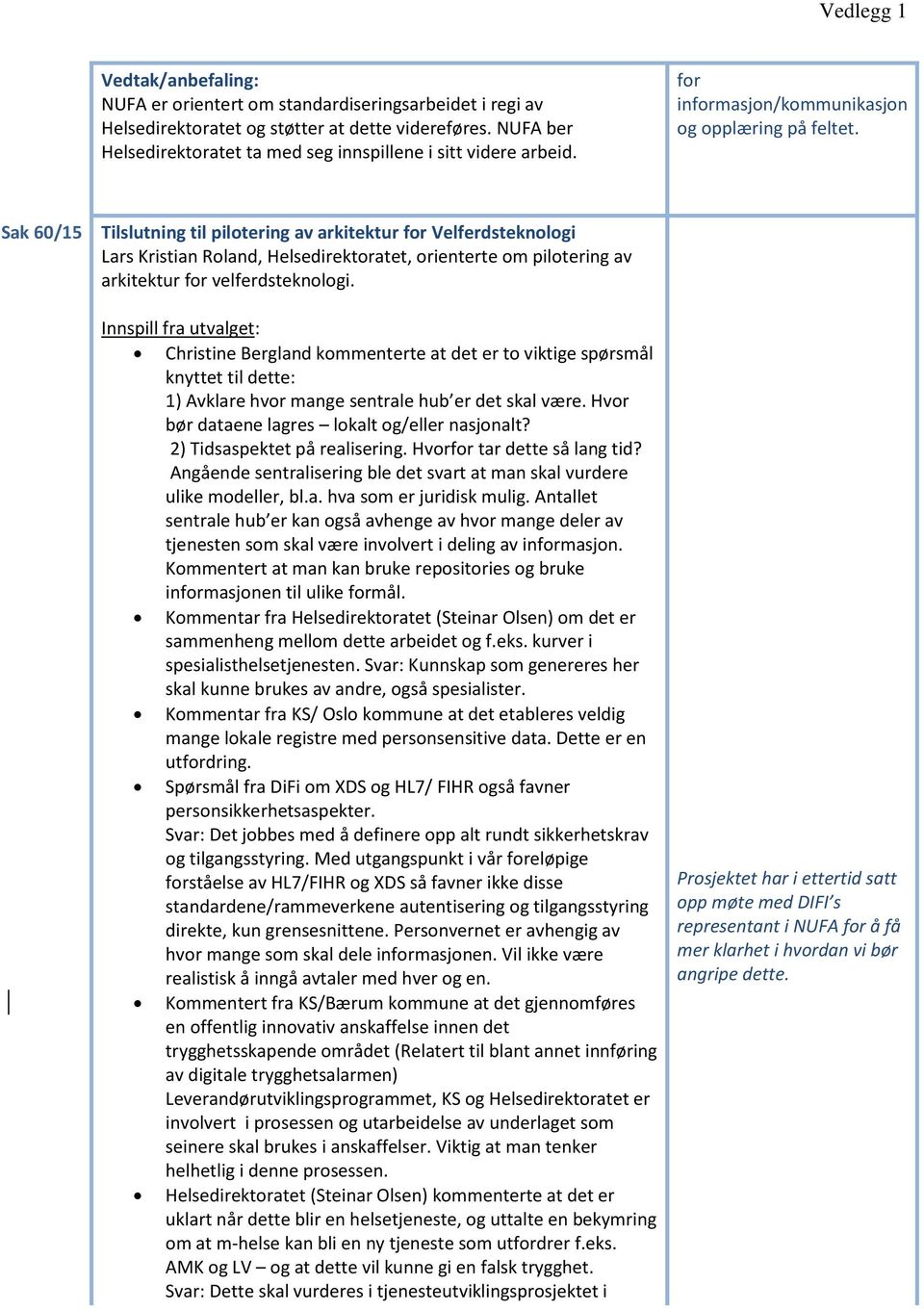 Sak 60/15 Tilslutning til pilotering av arkitektur for Velferdsteknologi Lars Kristian Roland, Helsedirektoratet, orienterte om pilotering av arkitektur for velferdsteknologi.