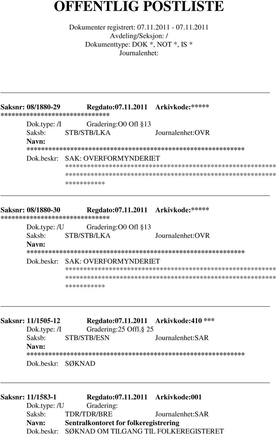 beskr: SAK: OVERFORMYNDERIET Saksnr: 11/1505-12 Regdato:07.11.2011 Arkivkode:410 *** 25 Offl. 25 Saksb: STB/STB/ESN SAR ** Dok.